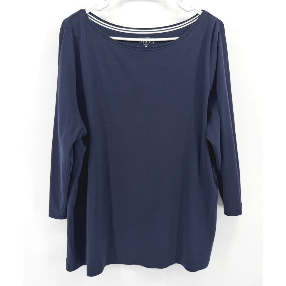Talbots T-Shirt Navy Blue Pima Cotton Boat Neck Long Sleeve Basic Tee Women 2X